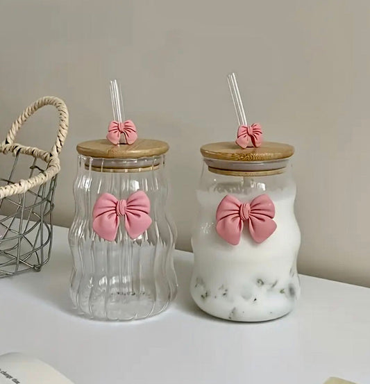 Transparent Drinking Glass Tumbler with Bamboo Lid & Glass Straw